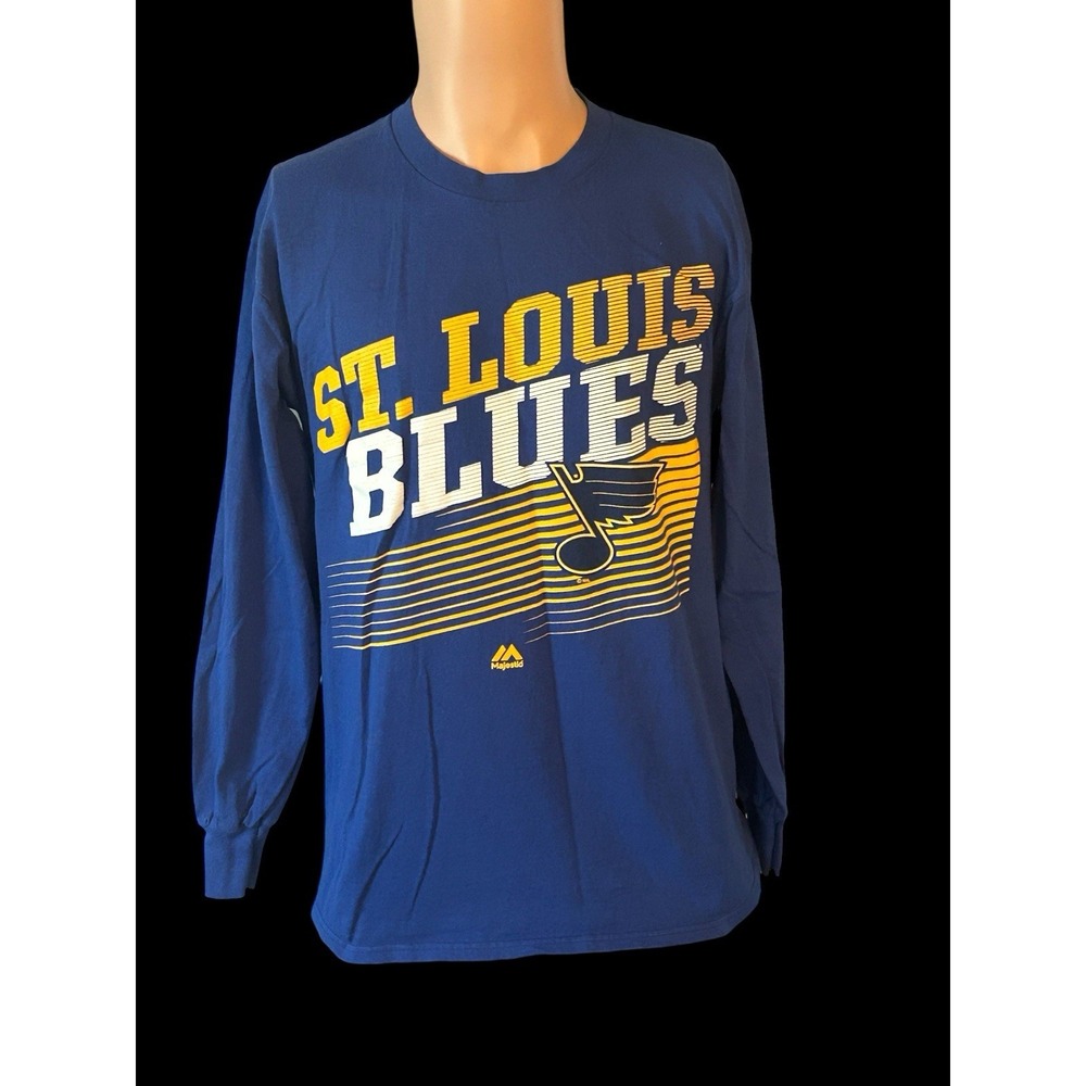 St Louis Blues Shirt Mens Medium Blue Yellow Long Sleeve Majestic NHL Hockey - Picture 1 of 8